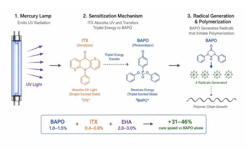 BAPO and ITX combination formulation diagram — triplet energy transfer sensitization mechanism under mercury UV lamp for improved cure speed