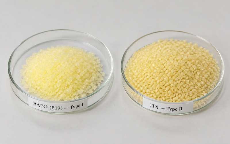 BAPO photoinitiator 819 vs ITX powder comparison — Type I vs Type II photoinitiator side by side