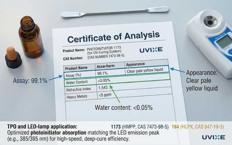 Photoinitiator 1173 Certificate of Analysis showing GC assay purity water content and appearance verification for B2B sourcing