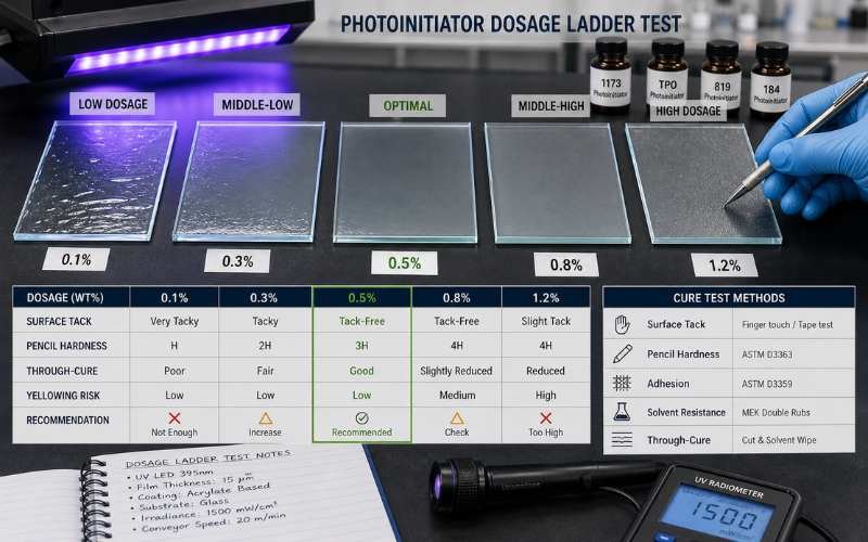 Photoinitiator dosage ladder test for UV coating cure speed surface tack and through-cure