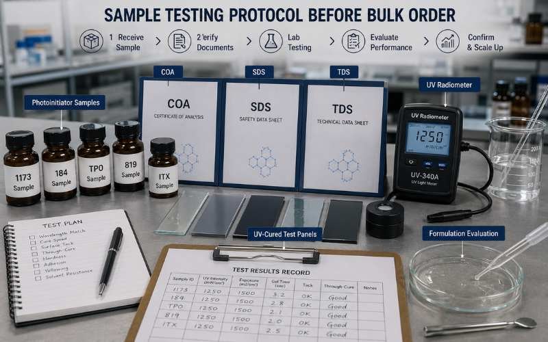 Photoinitiator sample testing protocol with COA SDS TDS documents and UV cured test panels