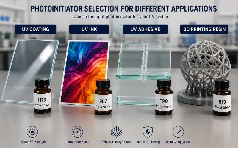 Photoinitiator selection for UV coating UV ink UV adhesive and 3D printing resin applications