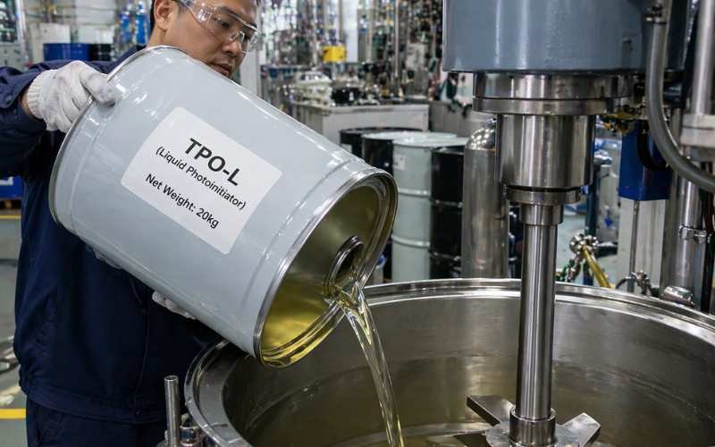 TPO-L liquid photoinitiator being poured into UV ink mixing tank at production facility showing easy handling advantage