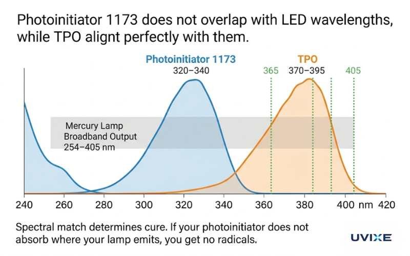 TPO vs Photoinitiator 1173 absorption spectrum comparison showing 1173 peak at 320-340nm for mercury lamp and TPO peak at 370-395nm for UV LED systems