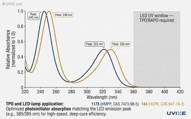 UV absorption spectrum comparison chart for photoinitiator 1173 vs 184 showing peaks at 320–335 nm and LED UV gap at 360–420 nm