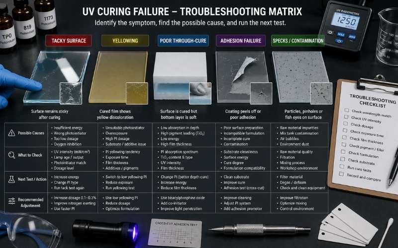 UV curing troubleshooting samples showing tacky surface yellowing poor through-cure and adhesion failure