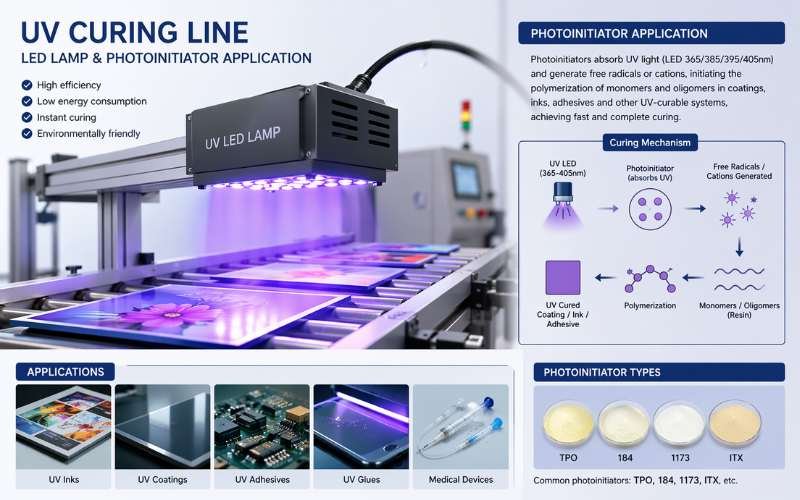 UV LED curing line in industrial coating or printing production where ITX and DETX photoinitiator selection determines cure performance