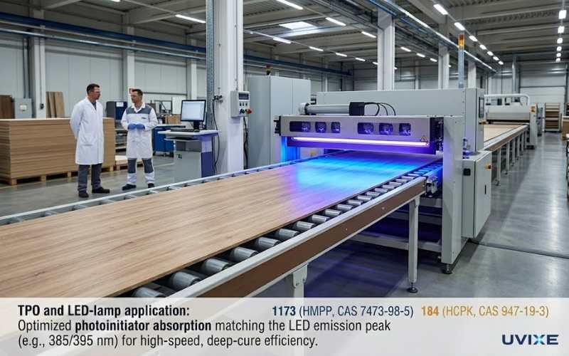 Industrial UV curing conveyor line with mercury lamp — photoinitiator 1173 and 184 in UV coating production