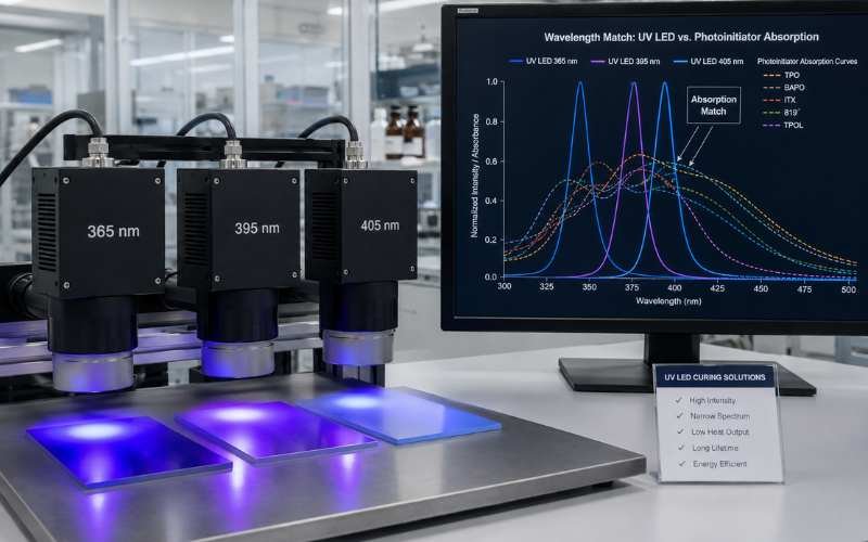 UV LED wavelength matching with photoinitiator absorption spectrum for UV curing selection