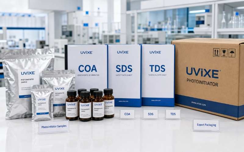 UVIXE photoinitiator supplier samples with COA SDS TDS documents and export packaging