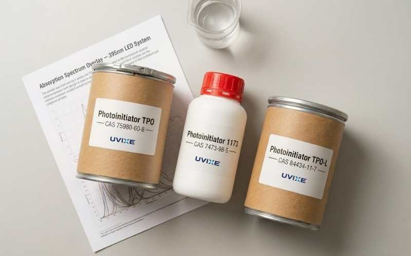 UVIXE photoinitiator sample kit showing TPO 1173 and TPO-L lab trial quantities with absorption spectrum documentation for UV LED and mercury lamp formulation validation