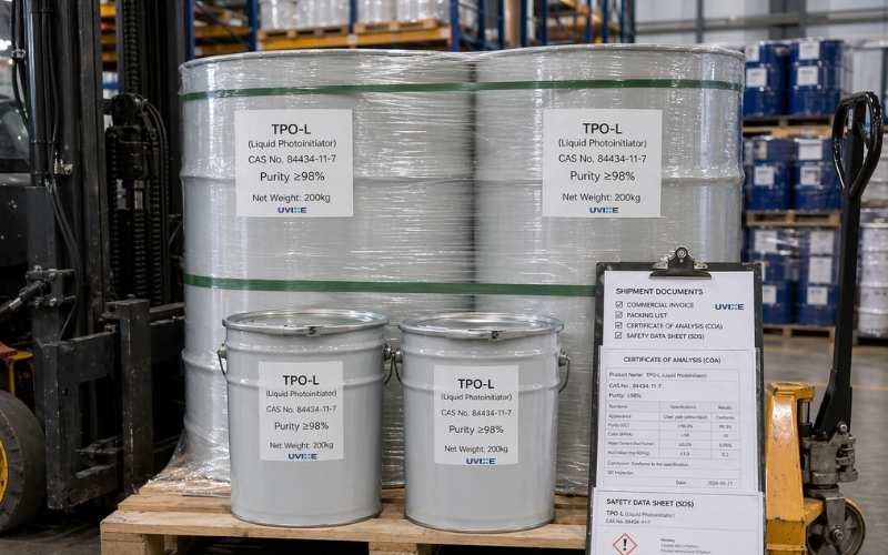 UVIXE TPO-L photoinitiator 200kg drums palletized for export shipment with COA and REACH compliance documentation