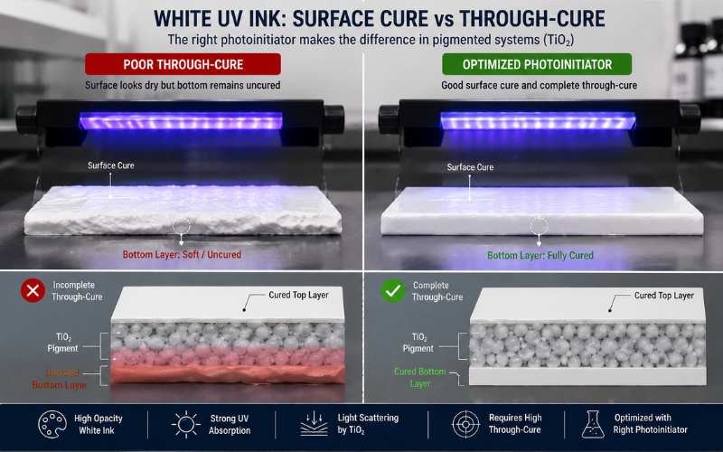 White UV ink through-cure test showing photoinitiator effect on pigmented UV ink curing