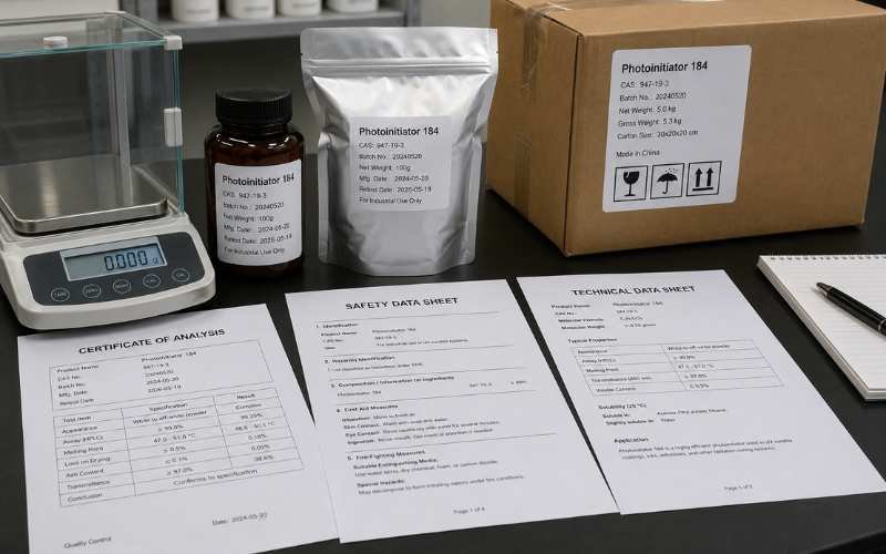 Photoinitiator 184 supplier quality control with COA SDS TDS batch label and export packaging