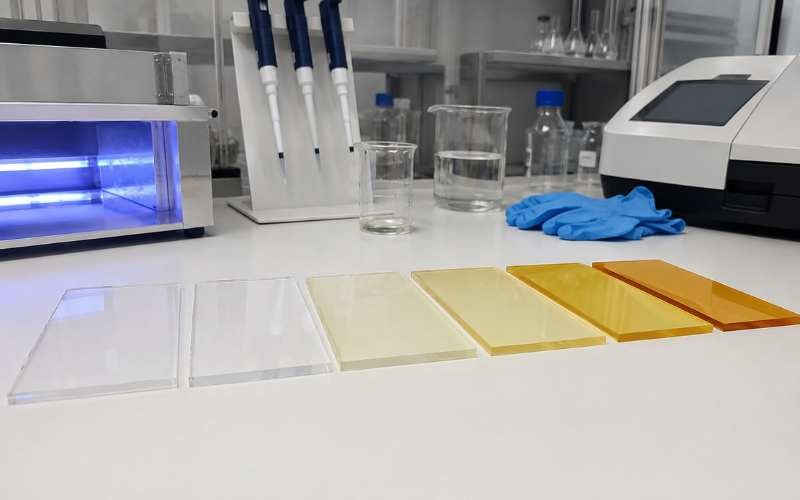 Photoinitiator yellowing issue lab comparison showing clear and yellowed UV coating samples after curing