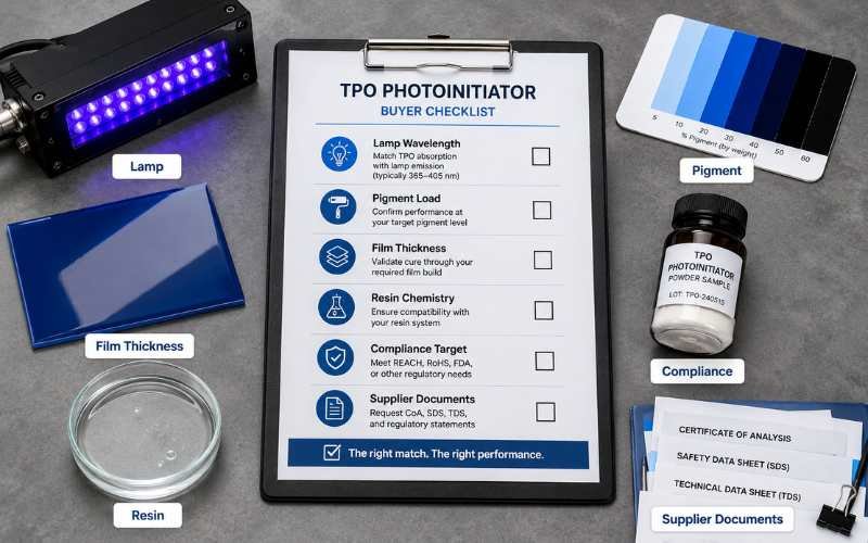 TPO photoinitiator buyer checklist for UV lamp pigment film thickness resin compliance and supplier documents