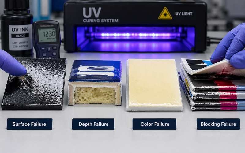 TPO photoinitiator UV curing failure diagnosis showing tacky surface soft bottom yellowing and ink blocking