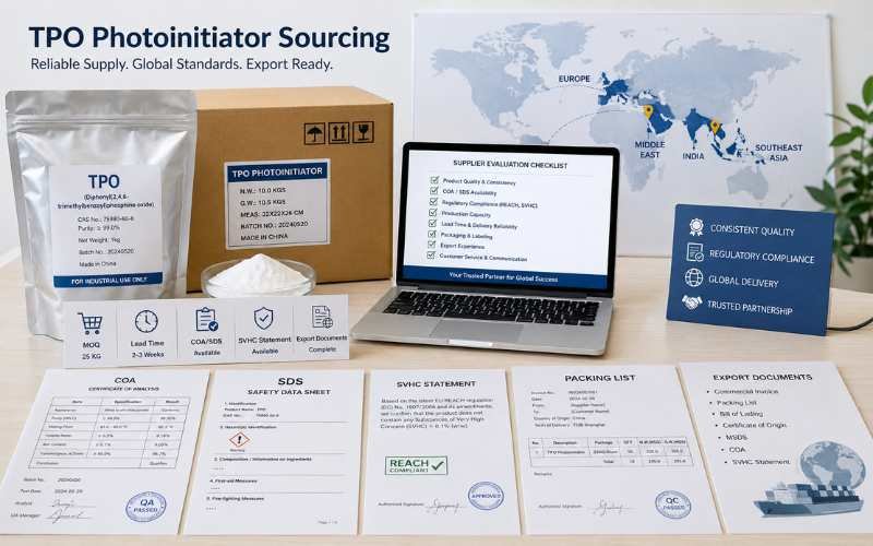 TPO photoinitiator industrial sourcing checklist with MOQ lead time COA SDS SVHC statement and export documents