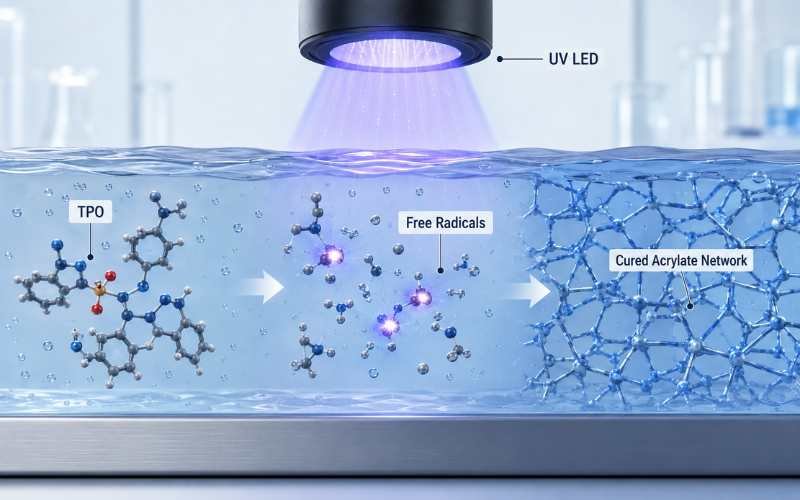 TPO photoinitiator UV curing mechanism showing free radical generation and acrylate polymerization