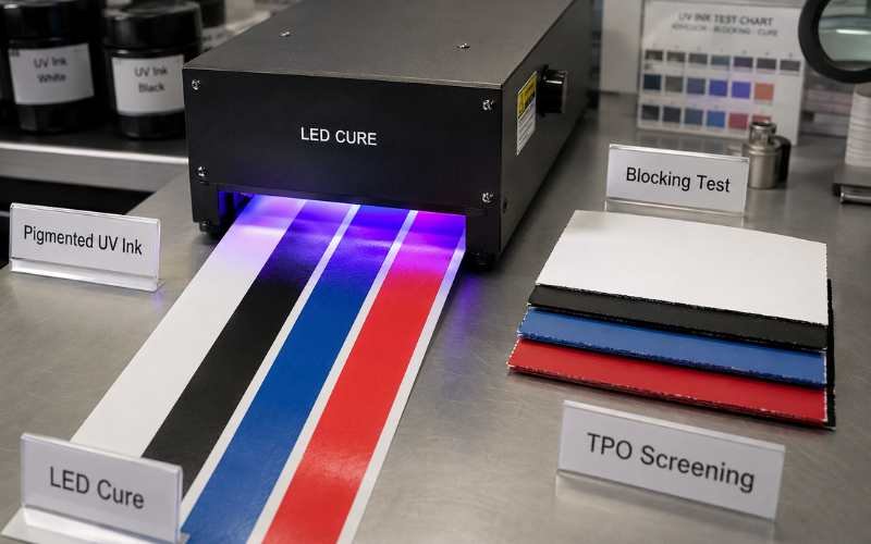 TPO photoinitiator for pigmented UV ink showing LED curing and blocking test evaluation