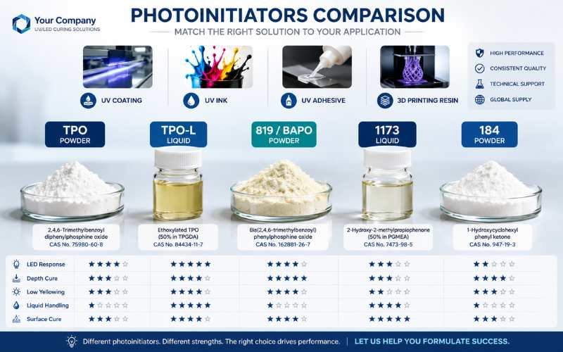 Comparison of TPO TPO-L 819 1173 and 184 photoinitiators for UV coating ink adhesive and 3D printing resin