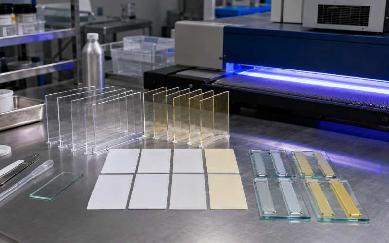 Application-based photoinitiator yellowing test for UV clear coat white ink and UV adhesive samples