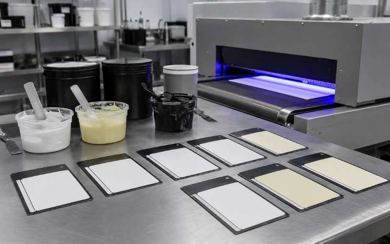UV ink yellowing test showing white ink drawdown samples and amine control comparison after curing