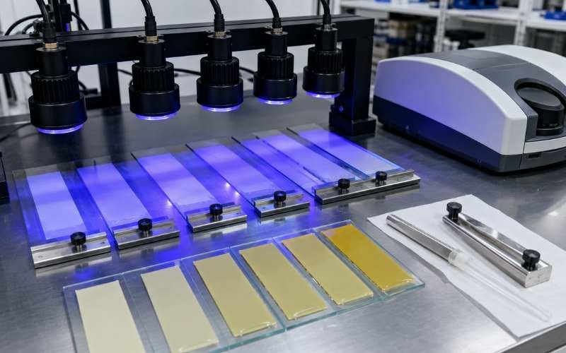 UV LED photoinitiator yellowing wavelength test with cured coating strips and spectrophotometer
