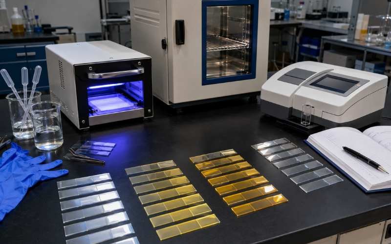 UVIXE photoinitiator yellowing diagnosis method with cured samples heat aging UV aging and blank resin control