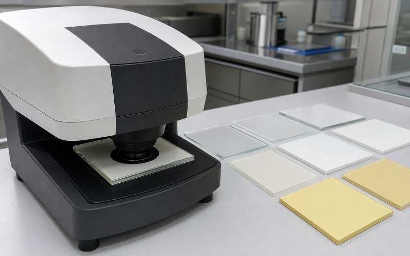 Yellowness Index test for UV coating samples using a spectrophotometer to measure photoinitiator yellowing