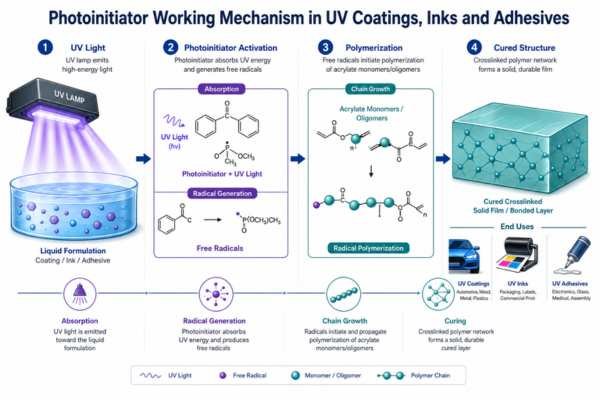 Photoinitiator working mechanism in UV coatings inks and adhesives