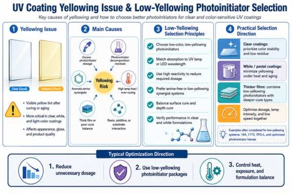 UV coating yellowing issue and low yellowing photoinitiator selection