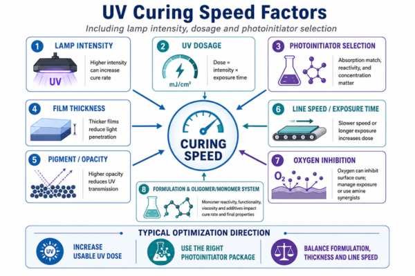 UV curing speed factors including lamp intensity dosage and photoinitiator selection